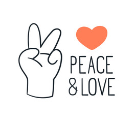 Obraz premium Peace and Love, antiwar text, phrase, slogan and heart, V sign. Peaceful victory hand gesture, anti-war motto, saying, banner design. Flat vector illustration isolated on white background