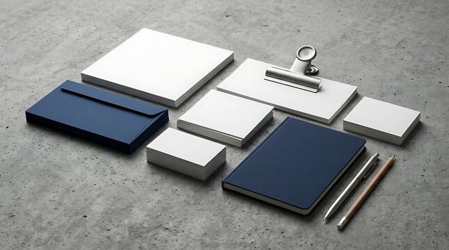Minimalist corporate identity stationery mockup template on gray concrete background with navy blue and white branding elements
