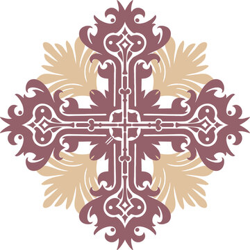 Flat, colorful composition (monogram) in a Gothic style. Ideal for vintage-themed designs. Symmetrical, botanical digital illustration on the theme of Gothic chivalry