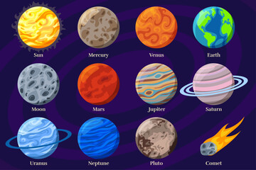 Set of planets of the solar system. Vector astronomy icons in flat style. Planets, Sun and Moon in flat style with names on dark background © Euler