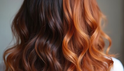 Fototapeta premium Woman with wavy dark brown hair changing to auburn color. Beautiful style offers healthy glossy shine. Hairdresser provides salon treatment.