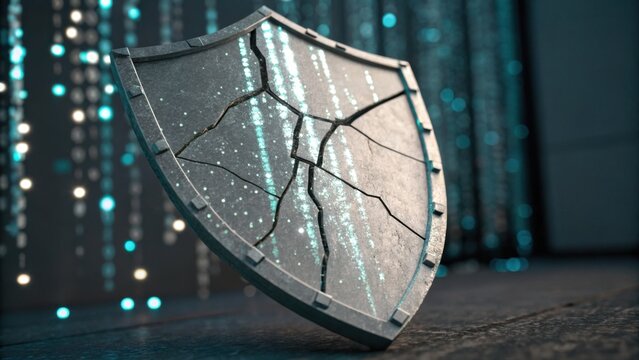 A cracked shield stands against a digital backdrop, symbolizing vulnerability in cybersecurity protection.