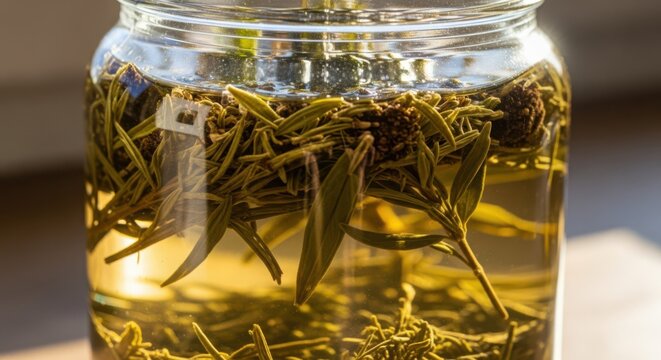Close-up of dried herbal tea leaves steeping in hot water inside a clear glass container