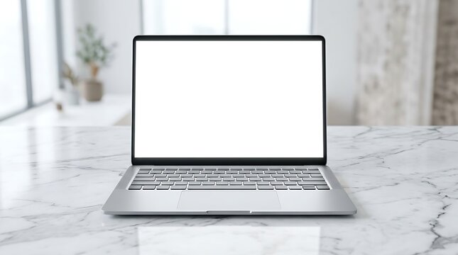 Modern silver laptop mockup with blank white screen on marble table in bright minimalist interior