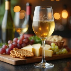 Fototapeta premium Glass of white wine with condensation sits on table. Cheese grapes crackers and bottles in background suggest wine pairing for party or gathering.