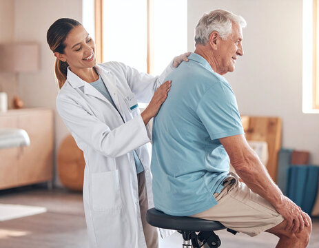 Smiling brunette doctor performs a thorough back examination on an elderly male patient in a sunny clinic. Ideal for geriatric care, rehabilitation, and compassionate medical themes.