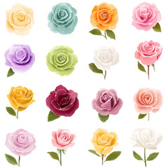 Obraz premium Comprehensive Watercolor Rose Set: 16 Multi-Colored Blossoms with Green Leaves, watercolor illustration