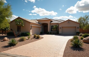 Fototapeta premium Spacious modern home exterior with beige walls tile roof and wide paved driveway. Desert landscaping with agave plants and palm trees under sunny blue sky with fluffy clouds.