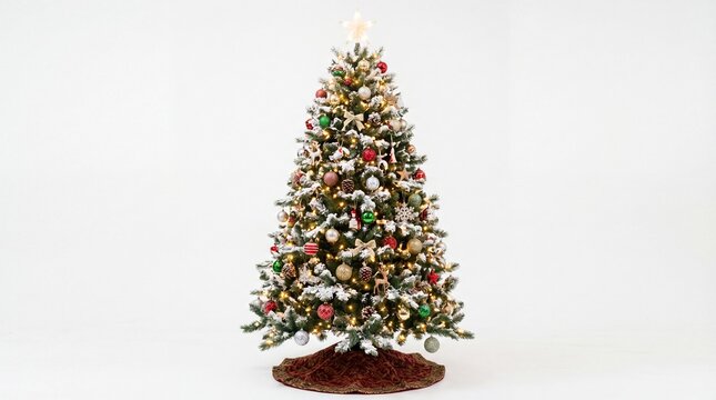 A festive evergreen christmas tree decorated with colorful ornaments and bright glowing lights