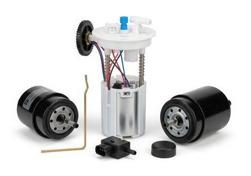 Close-up view of a fuel pump assembly with various components and parts