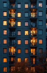 Naklejka premium Modern apartment building exterior at dusk. Many windows glow warm yellow light. Dark grey facade with balconies and fall foliage trees below. Geometric pattern of stacked residential units.