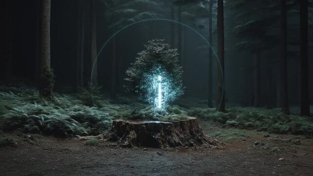 Mysterious Forest Scene with Glowing Portal on a Tree Stump