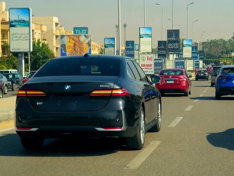 Cairo, Egypt, April 9 2026: a modern sedan, a BMW 5 Series, a premium executive car produced since 1972, widely recognized as a benchmark midsize luxury sedan, Currently in its eighth generation (G60)