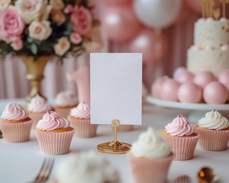 Birthday celebration mockup with blank vertical card on stand. Pink festive background with cupcakes, cake and balloons. Baby shower or wedding event menu template