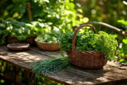 View of a herb garden where a person is snipping fresh chives and parsley a basket, kitchen garden harvest