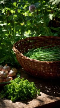 View of a herb garden where a person is snipping fresh chives and parsley a basket, kitchen garden harvest