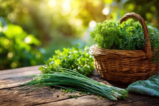View of a herb garden where a person is snipping fresh chives and parsley a basket, kitchen garden harvest