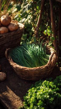 View of a herb garden where a person is snipping fresh chives and parsley a basket, kitchen garden harvest