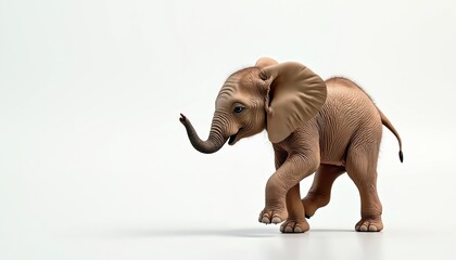 Fototapeta premium Small elephant calf walks alone on clean white studio background. Cute baby pachyderm with big ears moves forward. African animal illustration for conservation or zoo themes.