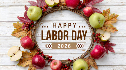 Labor Day 2026 autumn wreath with apples and leaves on white wooden background