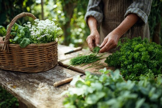 View of a herb garden where a person is snipping fresh chives and parsley a basket, kitchen garden harvest