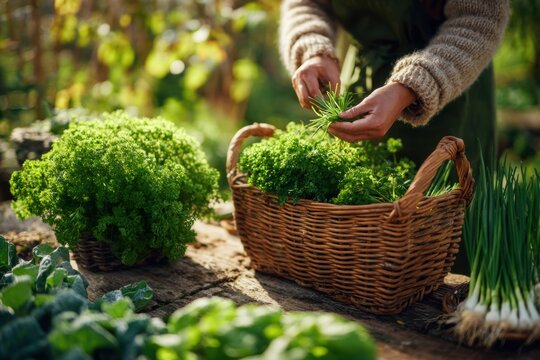 View of a herb garden where a person is snipping fresh chives and parsley a basket, kitchen garden harvest