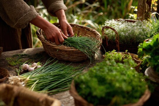 View of a herb garden where a person is snipping fresh chives and parsley a basket, kitchen garden harvest