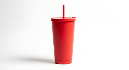 Obraz premium Vibrant Red Reusable Tumbler with Lid and Straw, Perfect for Hydration on a Clean White Background