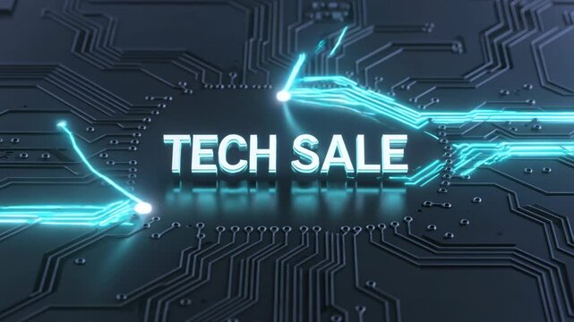 Neon blue circuit board background with TECH SALE text