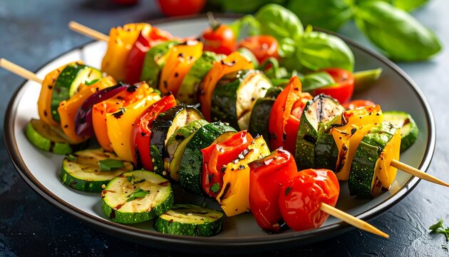 Grilled veggie skewers zucchini, peppers, tomatoes served on plate with basil against a dark blue surface