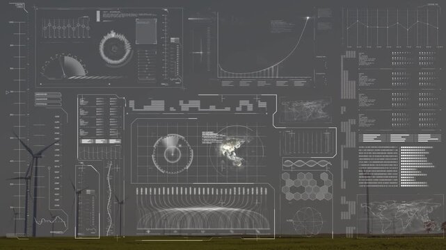 Camera panning across horizon HUD showing data spinning radar and tracking rising turbine output