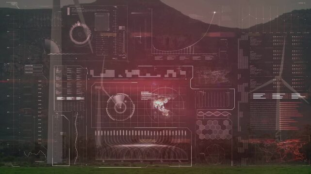 Red HUD console initiating tech nav scan over ridge, rotating ring, pulsing globe, tracking dot