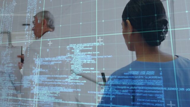 Senior doctor leading discussion while doctor tapping tablet and starting data overlay nurse noting