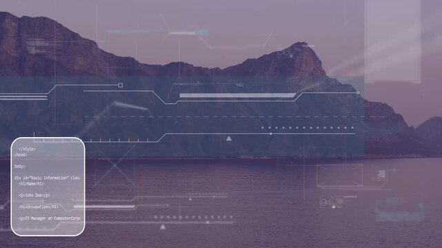 Mountain and sea hosting code panels HUD layers appearing sliding fading returning for UI designers