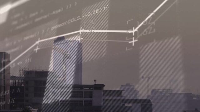 Data feed arriving data overlays animating over hazy skyline white polyline climbing showing trends