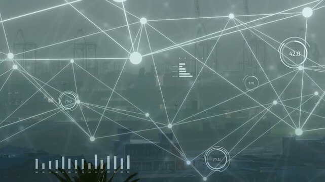 Glowing mesh growing over hazy port skyline, live feed driving gauges, bar charts for tech insight