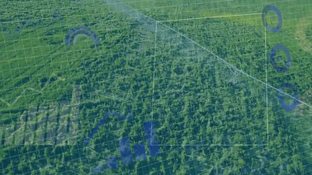 Drone performing aerial pass, drifting while agriculture grid overlays tracking vegetation patches