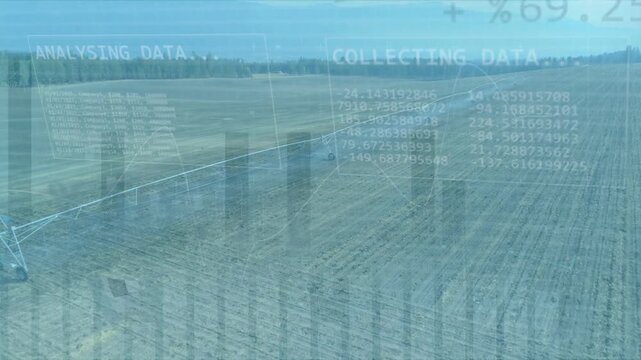 Pivot irrigation arm advancing across field, sensors collecting data and overlays animating charts