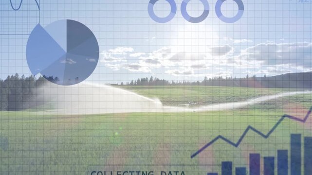 Sprinkler spraying, sensors collecting data, pie and line charts over field analysing farm metrics
