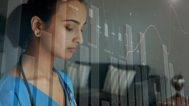 Nurse writing on blue clipboard making digital charts overlaying face torso showing data smiling