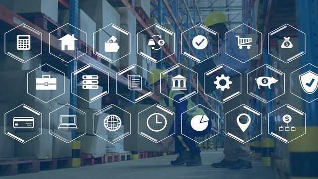 Kneeling handler lifting box lead tapping tablet starting hex UI growing over aisle for logistics