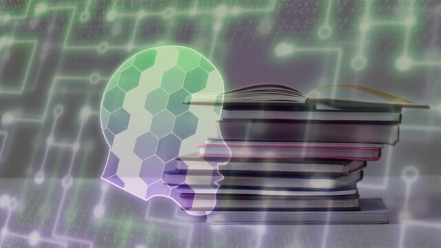 Scanline sweep starting hex head, books shifting hue, pages flipping, circuits pulsing for learning