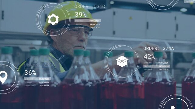 Senior operator inspecting bottles as conveyor moving while AR overlays updating order progress