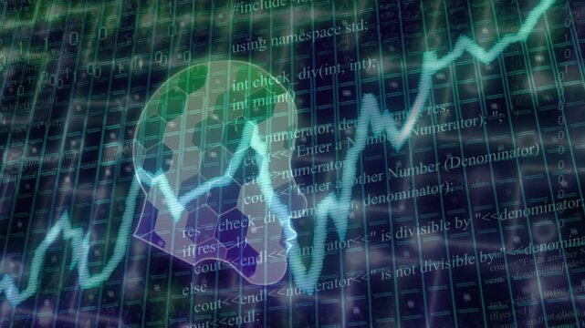 Head appearing, showing honeycomb, cyan wave rising, 3D text sliding, code flickering showing gain