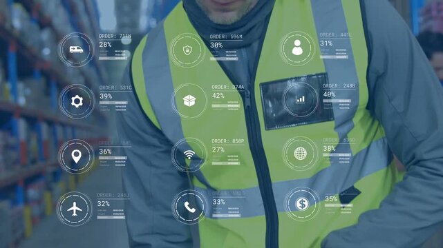 Warehouse worker tapping scanner, activating HUD overlays, updating orders, verifying stock