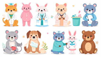 Obraz premium Cute Animal Doctor and Patient Vector Set for Kids Medical Illustration