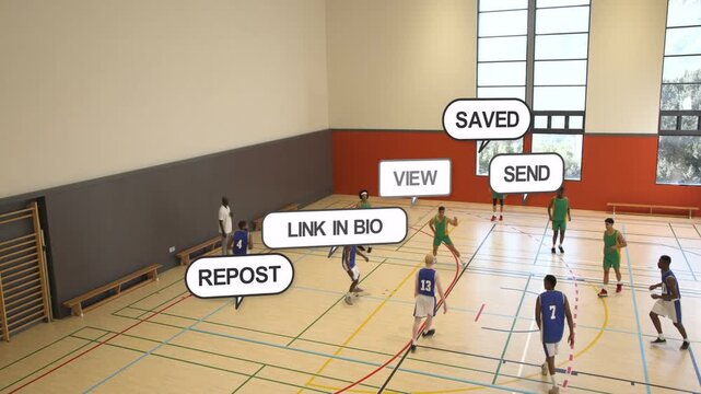Blue team dribbling right in gym, ball driving animated engagement bubbles above players for sports