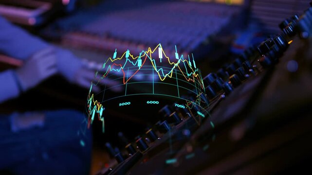 Female audio engineer turning knob, hologram tracking hands expanding revealing operator mixing