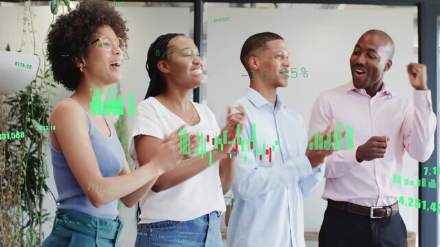 Team of four reacting to green finance charts over faces, escalating soft clapping into big cheer