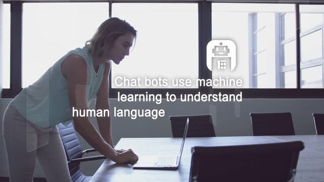 Woman leaning over laptop at table, causing animated robot and text to explain chatbot for creators
